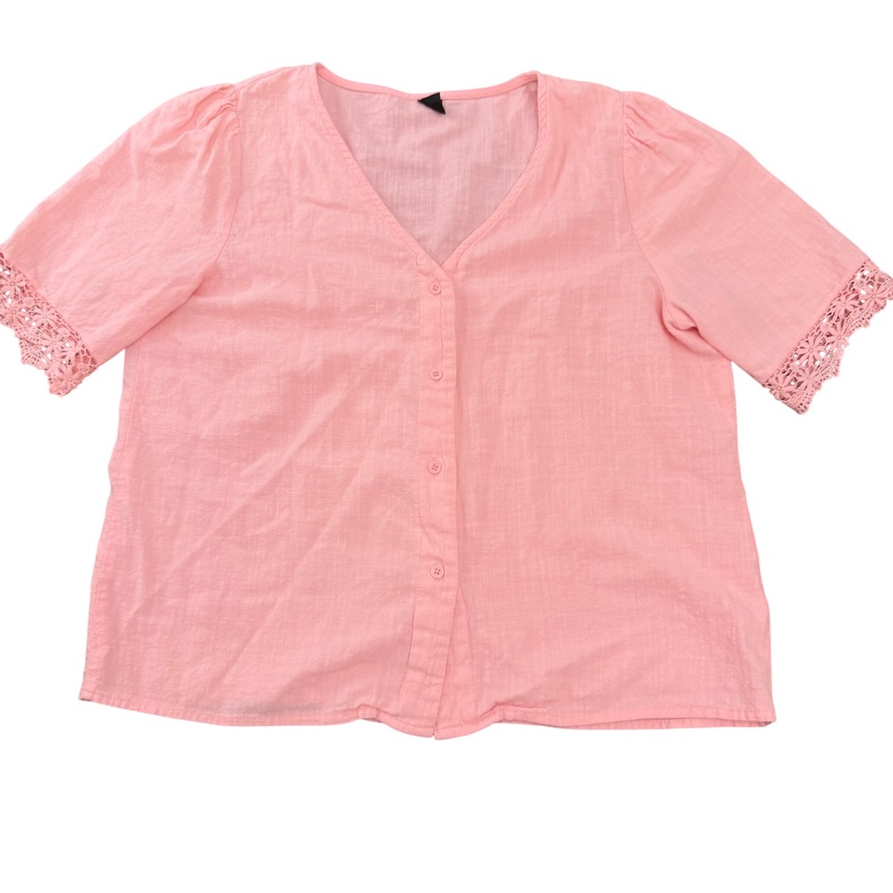 SHEIN Pink Button Front V-Neck Blouse‎ with Crochet Lace Trim Short Sleeve Large